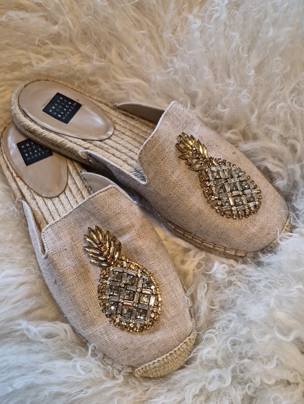 White House Black Market Beige Jeweled Pineapple Espadrille Mules